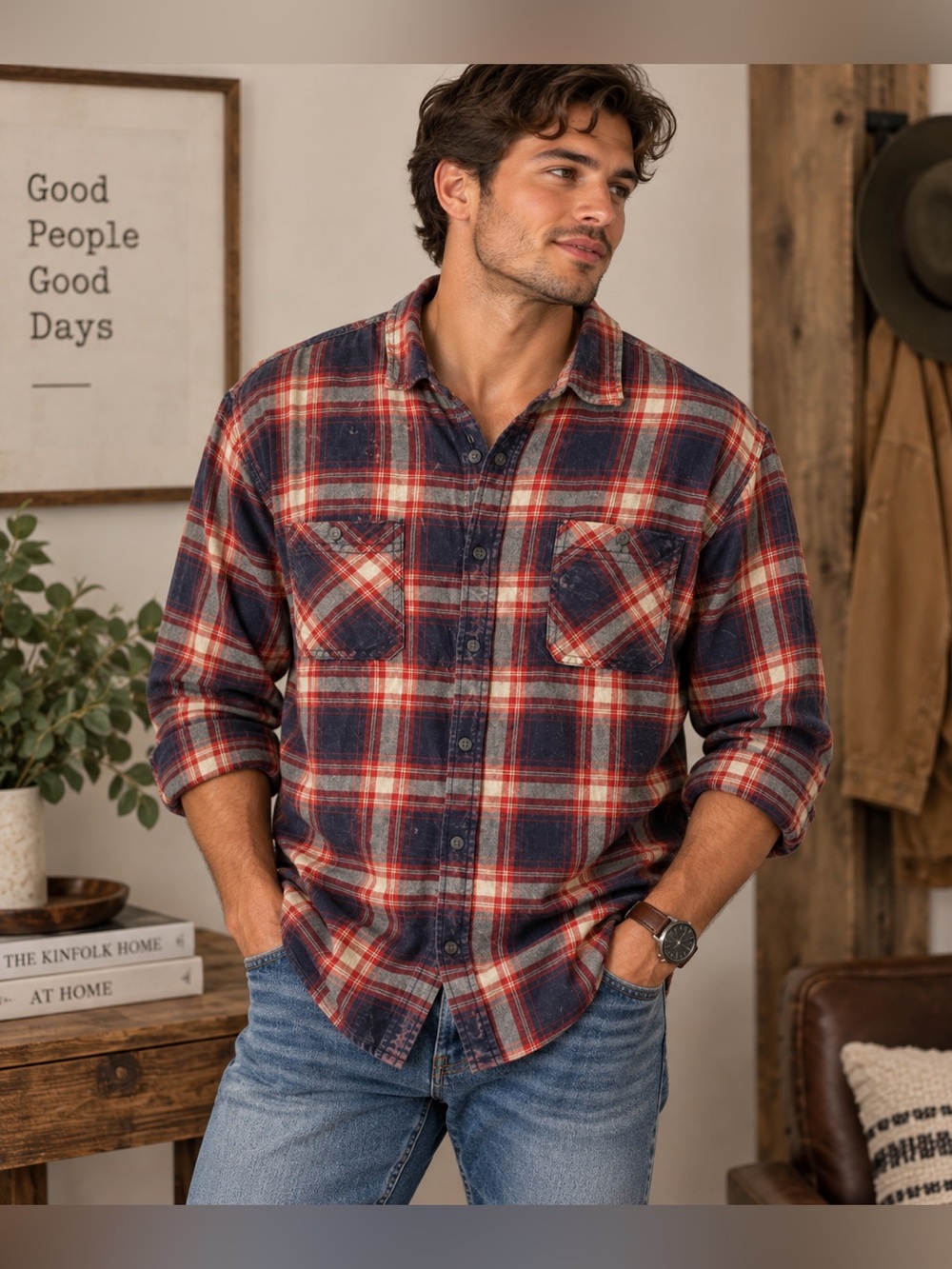 1775 Red Blue Plaid Flannel Button Up Shirt Long Sleeve Casual Men’s Shirt Sz XL